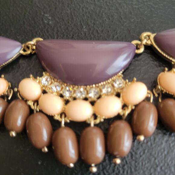 Vintage y2k Brown Pink Bib Necklace Rhinestone Gold Whimsy Boho Chic Cottage - Picture 2 of 7
